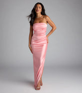 Brianna Satin Strapless High Slit Column Dress