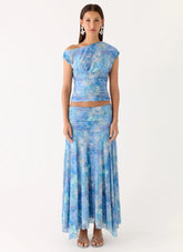Liana Ruched Maxi Skirt - Aqua Paisley