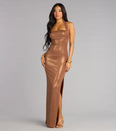 Tiana Metallic Halter Slit Formal Dress