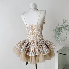Lace Embroidered Flower Mesh Tulle Mini Dress