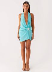 Eleanora Plunge Mini Dress - Turquoise