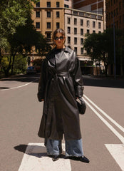 Out On The Town Faux Leather Midi Trench - Black