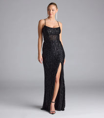 Meghan Lace-Up Corset Sequin Bead Formal Dress
