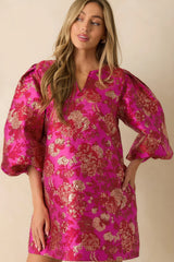 Gilded Garden Hot Pink Floral Jacquard Mini Dress