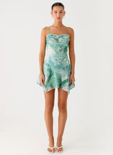 Marine Mist Asymmetric Hem Mini Dress - Green Paisley