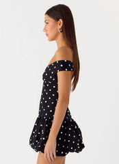 Endless Romance Off Shoulder Mini Dress - Black Polkadot