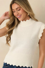 Sweetly Said White Textured Knit Scalloped Edge Sleeveless Cropped Sweater