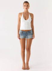 Elias Low Rise Distressed Denim Shorts - Vintage Wash Blue