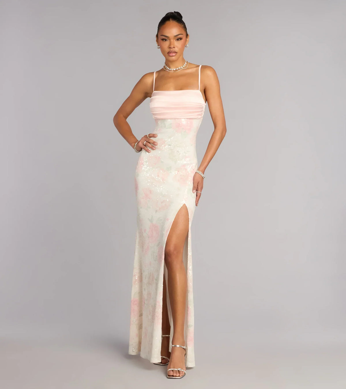 Fiona Floral Sequin Slit Formal Dress