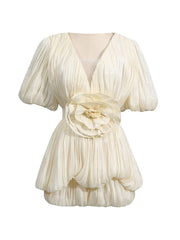 Ruched Deep V Neck Puff Sleeve 3D Flower Mini Dress