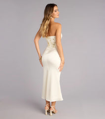 Satin Glow Strapless Beaded Midi Dress
