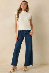 Sweetly Said White Textured Knit Scalloped Edge Sleeveless Cropped Sweater
