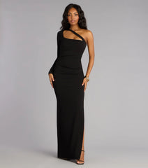 Sam Crepe One-Shoulder Slit Formal Dress