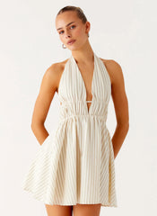 Figaro Halter Mini Dress - Taupe Stripe