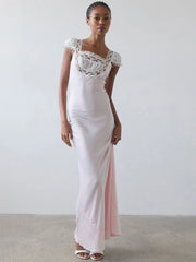 Lace Trim Short Sleeve Satin Maxi Dress