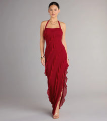 Marley Halter Ruffle Slit Formal Dress