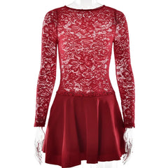 Lace Sheer Patchwork Ruffle Long Sleeve Mini Dress