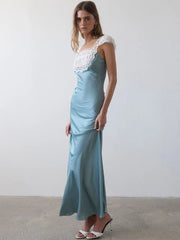 Lace Trim Short Sleeve Satin Maxi Dress
