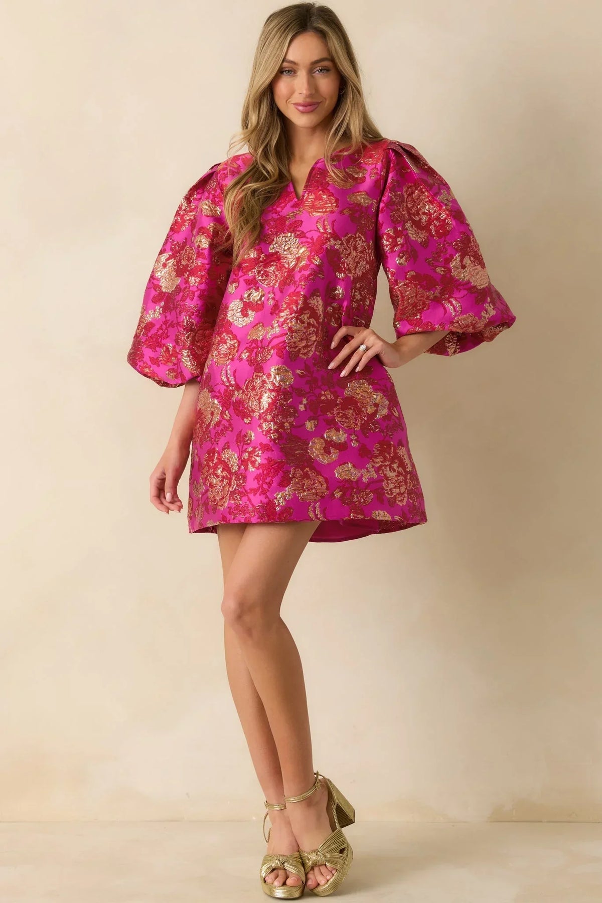 Gilded Garden Hot Pink Floral Jacquard Mini Dress