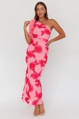 Deanna One-Shoulder Ruffle Maxi Dress Floral Pink