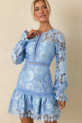 Keep It Authentic Light Blue Floral Embroidered Mini Dress