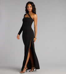 Sam Crepe One-Shoulder Slit Formal Dress