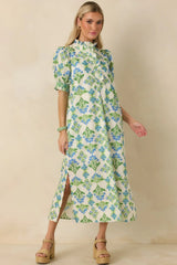 Fresh Fields Ivory Multi Cotton Floral Print Ruffle Neck Maxi Dress