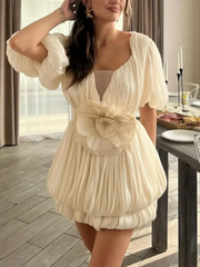 Ruched Deep V Neck Puff Sleeve 3D Flower Mini Dress
