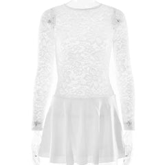 Lace Sheer Patchwork Ruffle Long Sleeve Mini Dress