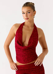 Farruko Jacquard Halter Top - Dark Cherry